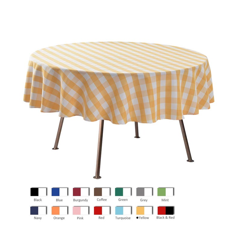 maxmill Round Checkered Tablecloth Spillproof Wrinkle Free Heavy Weight Gingham Table Cloth for Circular Table Buffalo Plaid for Buffet Banquet Parties Holiday Dinner 70 Inch Yellow and White - Image 3